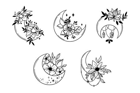 Mystical boho floral moon isolated cliparts bundle, celestial magic moon collection, space flowers and crescent moon line images, witchy esoteric objects - black and white vector illustrationのイラスト素材