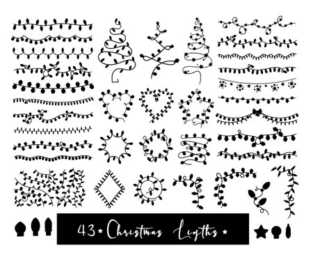 Christmas lights isolated clip arts bundle, Christmas garlanr set, funny lights strings pink blue red set, printable new year decor for cards, t-shirts, tagsのイラスト素材