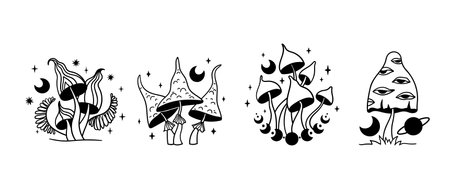 Mystical space mushroom and moon isolated clip art bundle, hand drawn line celestial mushrooms, moon and stars, witchy floral esoteric objects, - black and white vector illustrationのイラスト素材