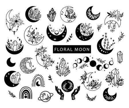 Mystical boho floral moon isolated cliparts bundle, celestial collection, moon and flowers set, magic line crescent moon, crystals bundle, esoteric objects - black and white vector illustrationのイラスト素材