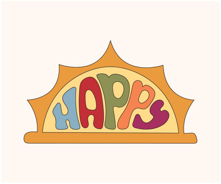 Groovy retro isolated clip art with funny sun and rainbow colored lettering, happy word, 70s nostalgia, old fashioned aesthetic, positive optimistic vibes vector illustrationのイラスト素材