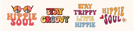 Groovy 70s retro lettering compositions kit, flowers, peace symbol and rainbow colored letters, hippie nostalgia positive vibes, optimistic quote for inspiration vector hand drawn artのイラスト素材