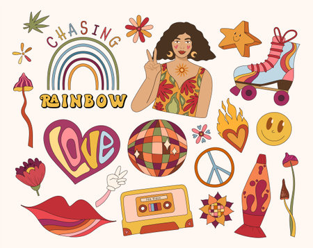 Groovy retro isolated clip arts with hippie girl, mushrooms, flowers, rainbow, retro cassete and disco ball, peace symbol, 70s or 60s nostalgia old fashioned style, big vector kit bundleのイラスト素材