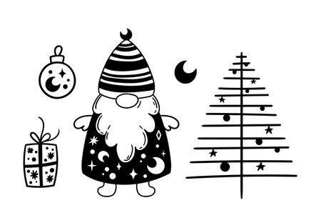 Hand drawn Christmas Gnome and Christmas Tree black and white bundle, Winter magical Garden Gnome isolated clip art, Cute fantasy character - vector illustrationのイラスト素材