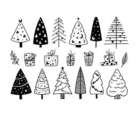 Cute Christmas Tree and gift doodle isolated clip arts bundle, Christmas decor silhouette items on white background, hand drawn vector New year imagesのイラスト素材