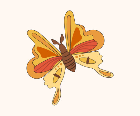 Groovy retro isolated clip art with funny butterfly, 70s nostalgia, old fashioned aesthetic, positive optimistic vibes vector illustrationのイラスト素材