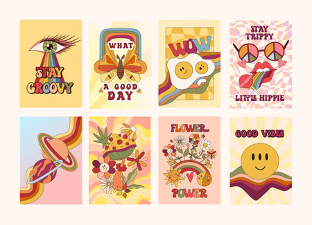 Groovy retro hippie posters or cards set, 70s nostalgia and positive vibes, stylised mushroom and flowers, rainbow and lettering, vector trippy placard or t shirt print template bundleのイラスト素材