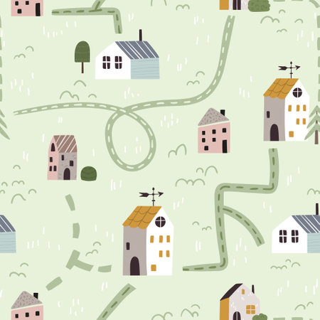 Seamless tiny houses vector pattern. Background with little scandi homes, trees, fields. Repeatable textile print of cottages in Scandinavian style. Texture with outdoor, nature flat illustrationのイラスト素材