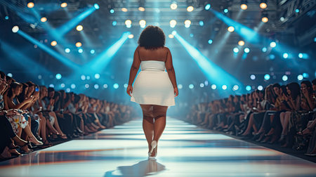 Overweight black woman model in luxury white dress on the podium, real diverse female bodies in fashion show, beauty standards concept, AI generatedの素材
