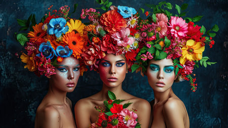 Woman floral portrait, young adult girl with head covered with flowers, artistic female portrait, 8 march or women or mother day concept, AI generatedの素材