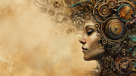 Abstract steampunk rusty background with woman portrait, gears, pipes, mechanisms and wheels, textured backdrop in sci-fi grunge style, AI generatedの素材