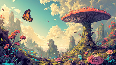 psychedelic trippy wonderland landscape with giant mystical mushrooms, flowers, butterflies, fantasy bright neon illustration, AI generatedの素材