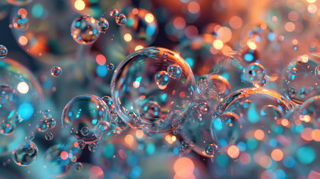 Abstract background with glossy rainbow colored bubbles on blue and lilac, floating and flying bubbles with golden sunny flashes, AI generated imageの素材