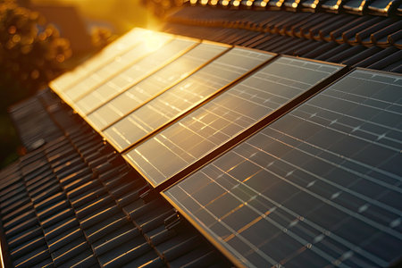 Modern high-tech house with solar panel, eco Green energy, alternative source of electricity, smart building with photovoltaic battery, ecological and sustainable development, AI generative imageの素材