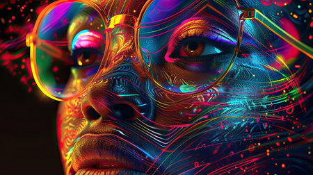 Beautiful black woman artistic pop art effect photo portrait, , young adult girl face, bright neon modern background, 8 march or women power and beauty concept, AI generatedの素材
