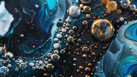 Alcohol ink painting abstract background in gold and deep purple colors, swashes, splashes and bubbles rich layered hand drawn texture, golden glitter veins, AI generated imageの素材