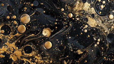Alcohol ink painting abstract background in gold and black colors, swashes, splashes and bubbles rich layered hand drawn texture, golden glitter veins, AI generated imageの素材