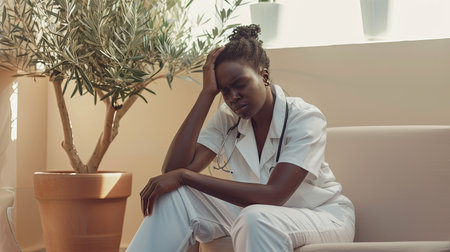 Woman nurse or female doctor sitting in hospital on the floor, black girl tired and sad, depression and emotional burnout concept, AI generated imageの素材