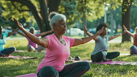 An elderly black woman doing yoga outdoor, yoga class exercising in park, promoting an active lifestyle and engagement in sports for seniors, AI generated imageの素材
