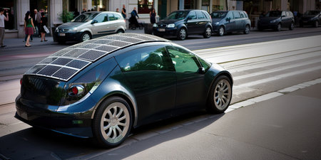 Modern high-tech eco electric car on city street or road, with solar panel, Green energy and alternative source, photovoltaic battery, ecological and sustainable development, AI generative imageの素材