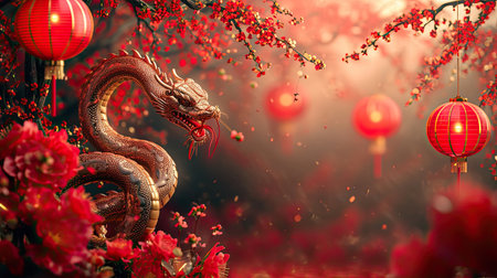 Chinese New Year symbol, Chinese style Christmas background with red Snake, lanterns and flowers, monochromatic red illustration, symbol of 2025 year, AI generated imageの素材