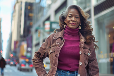 Senior black woman in casual modern clothes portrait, city street blurred background, happy smiling active African American elderly lady walking in city center, AI generative imageの素材
