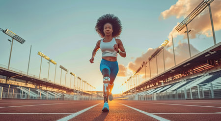 young black woman with robotic leg prosthesis jogging at the sports stadium outside in the morning, African-American girl running outdoors, AI generated imageの素材