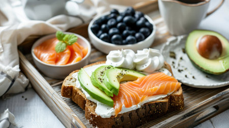 Toast with avocado, salmon, blueberry and microgreens, cup of coffee, healthy luxury breakfast or snack, vegan nutrition, AI generated imageの素材