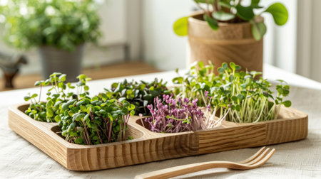 Various types of microgreens and sprouted seeds on the table in a wooden bowl and plate, eco friendly kitchen, healthy eating and vegan diet, AI generatedの素材