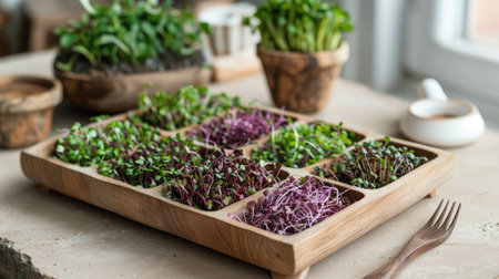 Various types of microgreens and sprouted seeds on the table in a wooden bowl and plate, eco friendly kitchen, healthy eating and vegan diet, AI generatedの素材