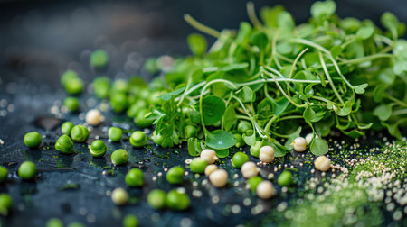 Pile of microgreen on wooden table, healthy food and vegan diet concept, plant on a light background, banner photo with copy space, AI generatedの素材