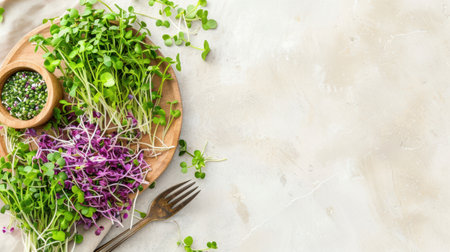 Various types of microgreens and sprouted seeds on the table in a wooden bowl and plate, eco friendly kitchen, healthy eating and vegan diet, AI generatedの素材