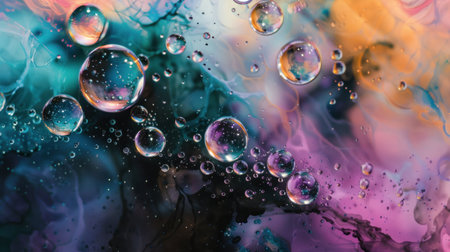 Alcohol ink painting abstract background in gold and deep purple colors, swashes, splashes and bubbles rich layered hand drawn texture, golden glitter veins, AI generated imageの素材