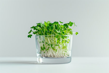 Different types of microgreen in transparent glass container, healthy food and vegan diet concept, plant on a light background, banner photo, AI generated imageの素材
