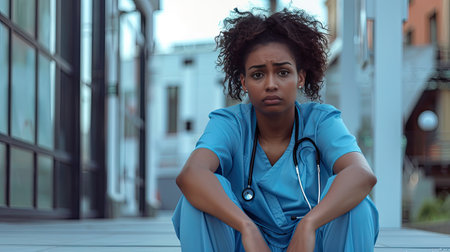 Woman nurse or female doctor sitting in hospital on the floor, black girl tired and sad, depression and emotional burnout concept, AI generated imageの素材