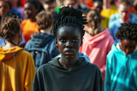 Depressed black girl in gray clothes stands alone among brightly dressed people in the crowd, she is sad and lonely, concept of depression and social isolation, AI generated imageの素材