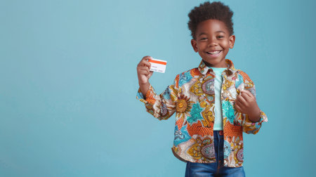 Kids learning finances, safe and invest money, financial education and awareness concept, African-American boy with kids credit card, background with copy space, AI generatedの素材