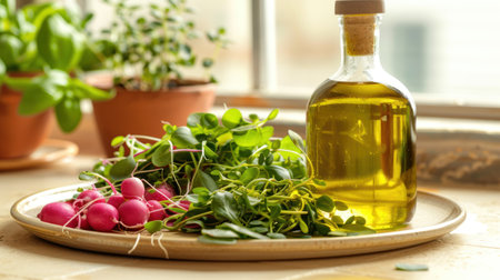 Various types of microgreens and sprouted seeds on the table in a wooden bowl and plate, eco friendly kitchen, healthy eating and vegan diet, AI generatedの素材