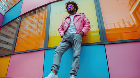 Adult black man with beard dressed in bold pink jacket, hipster guy in multicolored glasses and vivid fashionable clothes standing outdoor on city street, low angle shot, AI generated imageの素材