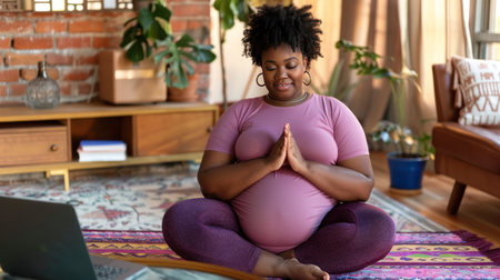 Young adult pregnant black woman practicing yoga at home on mat, African American girl doing hatha yoga asana in modern living room, home workout, AI generated imageの素材