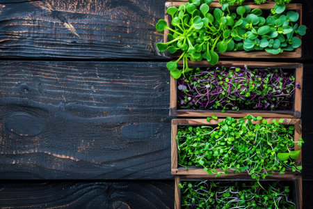 Different types of microgreen in wooden box or container, basilic, dill sprouts, radishes, peas, healthy food and vegan diet concept, plant on a light background, banner photo, AI generated imageの素材