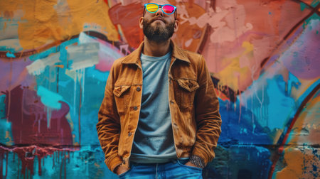 Adult man with beard dressed in faded leather jacket and jeans, hipster guy in multicolored glasses standing outdoor on city street, bold abstract background, AI generated imageの素材