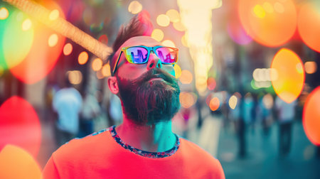 Adult man with beard dressed in orange shirt and multicolored glasses standing outdoor on city street, bold abstract backgroundの写真素材