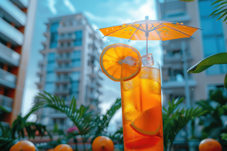 Glass with Tropical fruit cocktail on the sandy beach or sea coast, sunny summer day backgroundの写真素材