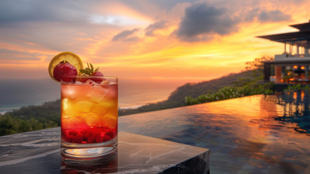 Summer cocktail with fresh fruit and berries in glass, luxury sea resort, hotel, landscape and...