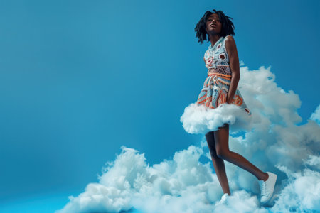 Young black woman wearing multicolored crocheted top and airy skirt, unusual collage photo with clouds, fashion magazine cover style, AI generatedの写真素材