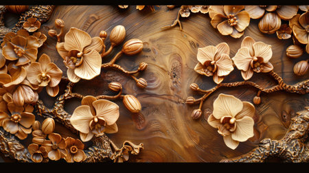 Wooden carving floral background with carved detailed elegant orchid flowers, craft hand made texture, natural eco color palette, AI generated imageの写真素材