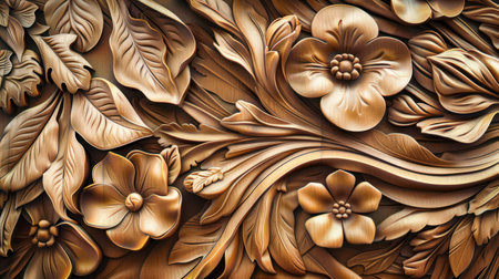 Abstract floral carving background with wooden texture, carved flowers and leaves, botanical hand made ornament, organic shapes, natural eco color palette, AI generated imageの写真素材