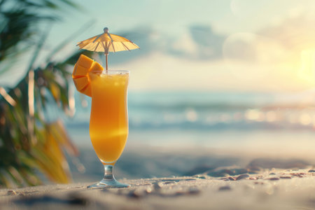 Glass with Tropical fruit cocktail on the sandy beach or sea coast, sunny summer day background, AI generatedの素材