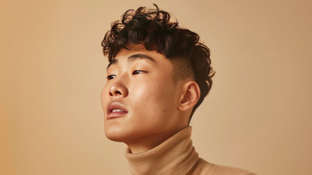 Young adult handsome Asian man portrait, male model with dark hair studio shot, background with copy space, diversity and different beauty concept, AI generatedの素材
